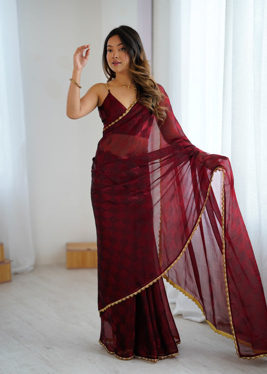 Maroon Embellished NC Chiffon Checks Festive Saree For Women
