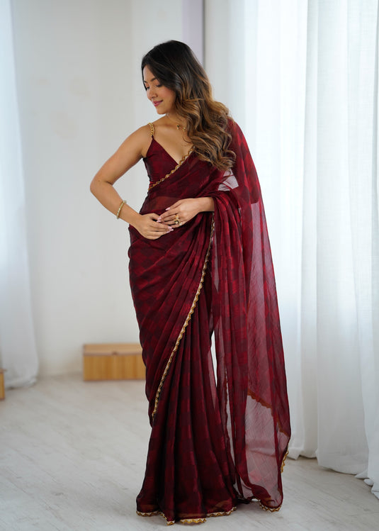 Maroon Embellished NC Chiffon Checks Festive Saree For Women