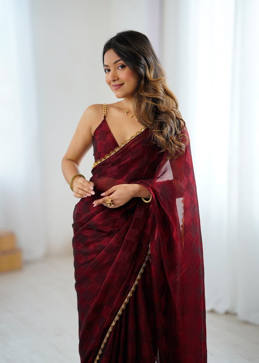 Maroon Embellished NC Chiffon Checks Festive Saree For Women