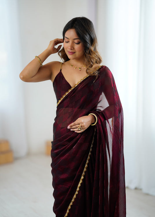 Maroon Embellished NC Chiffon Checks Festive Saree For Women