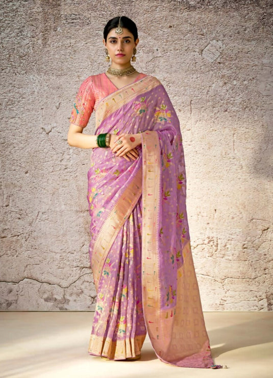 Designer Navy Blue Kora Banarasi Art Silk Festive Wear Saree For Women