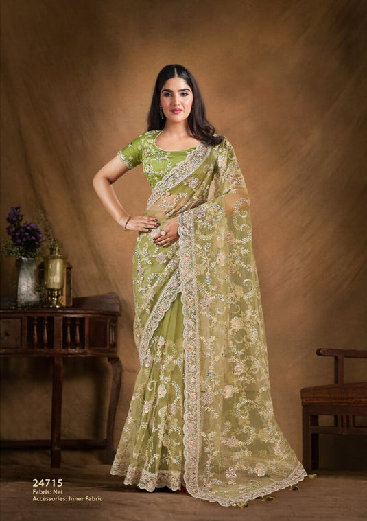 Elegant Blue Hand Embroidery Work Two Tone Satin Organza Silk Festive Saree with Belt