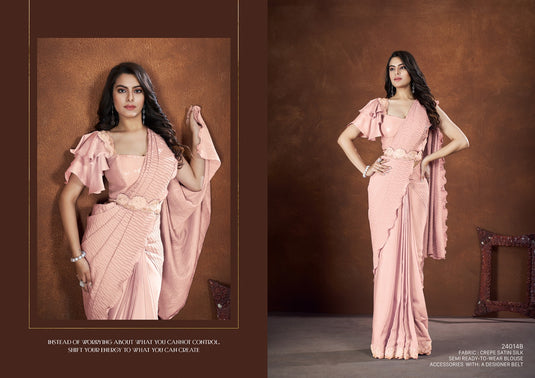 Designer Purple Thread & Sequins Embroidered Crepe Satin Silk Banarasi Crush Silk Festive Wear Saree with Readymade Blouse & Waist Belt