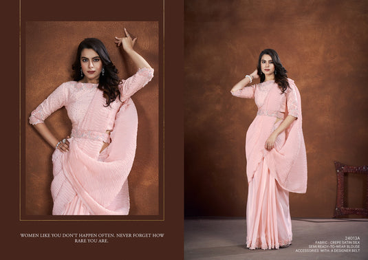 Designer Purple Thread & Sequins Embroidered Crepe Satin Silk Banarasi Crush Silk Festive Wear Saree with Readymade Blouse & Waist Belt