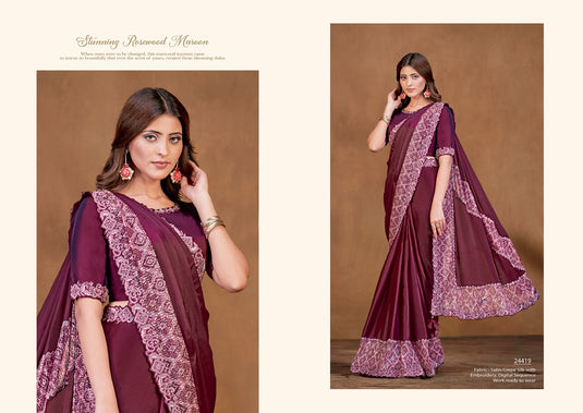 Designer Cream Hand Work Pure Satin Crepe Silk Festive Wear Saree with Readymade Blouse & Waist Belt