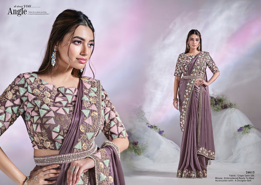 Elegant Black Sequins Embroidered Two Tone Crepe Satin Silk Hand & Mirror Work Festive Saree with Readymade Heavy Blouse
