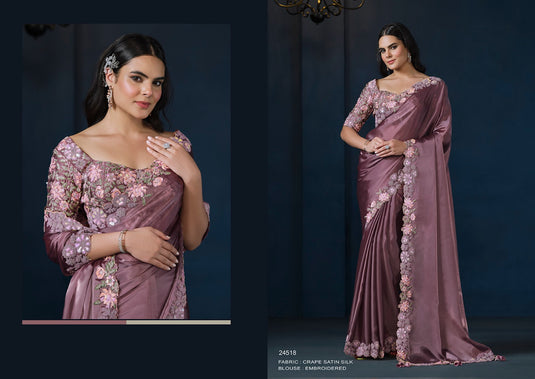 Designer Pink Hand Embroidery Work Crepe Satin Silk Festive Wear Saree For Women