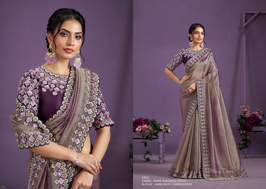 Classic Black Hand Work Two Tone Satin Silk Banarasi Crush Sequins Embroidered Tissue Saree For Women