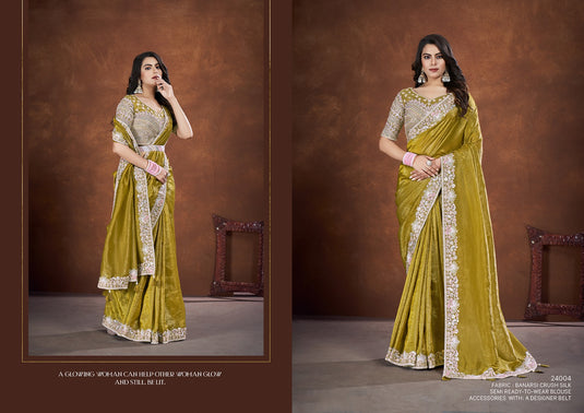 Designer Purple Thread & Sequins Embroidered Crepe Satin Silk Banarasi Crush Silk Festive Wear Saree with Readymade Blouse & Waist Belt