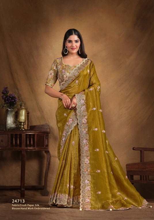 Elegant Blue Hand Embroidery Work Two Tone Satin Organza Silk Festive Saree with Belt
