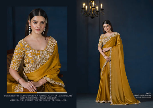 Designer Pink Hand Embroidery Work Crepe Satin Silk Festive Wear Saree For Women