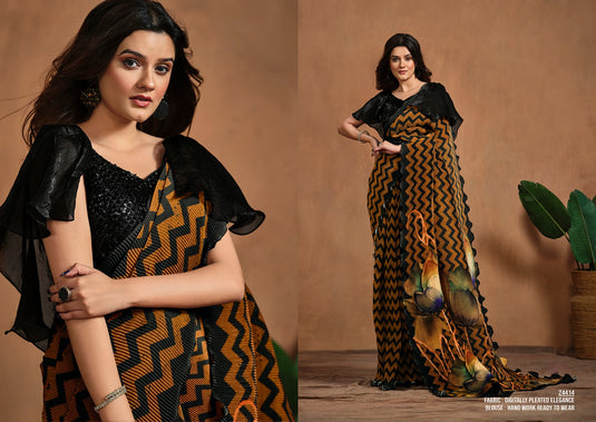 Designer Cream Hand Work Pure Satin Crepe Silk Festive Wear Saree with Readymade Blouse & Waist Belt