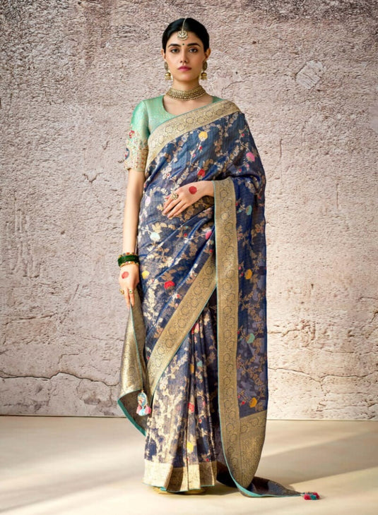 Designer Navy Blue Kora Banarasi Art Silk Festive Wear Saree For Women