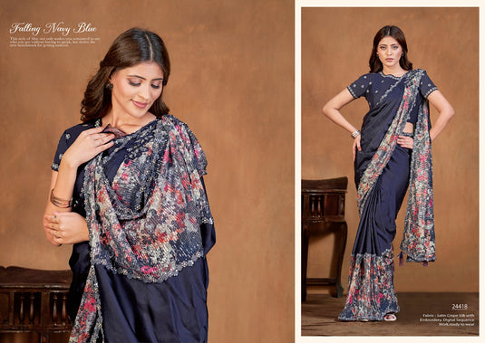Designer Cream Hand Work Pure Satin Crepe Silk Festive Wear Saree with Readymade Blouse & Waist Belt
