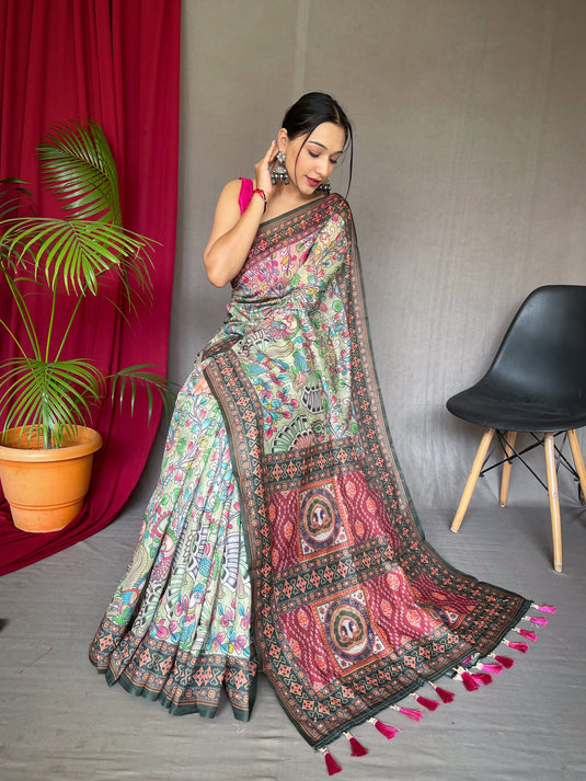 Off-White Pure Malai Cotton Traditional Digital Print Saree