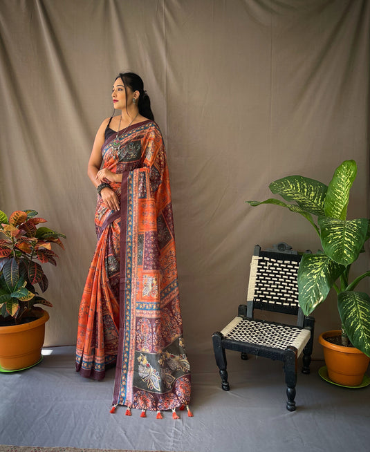 Orange Classic Soft Cotton Kalamkari Digital Print Saree
