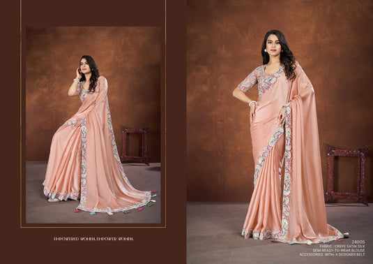 Designer Purple Thread & Sequins Embroidered Crepe Satin Silk Banarasi Crush Silk Festive Wear Saree with Readymade Blouse & Waist Belt