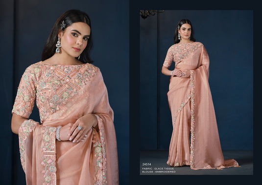 Designer Pink Hand Embroidery Work Crepe Satin Silk Festive Wear Saree For Women