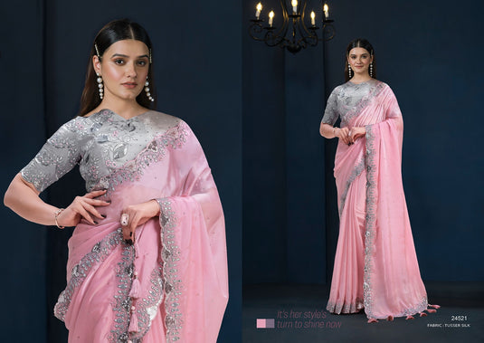 Designer Pink Hand Embroidery Work Crepe Satin Silk Festive Wear Saree For Women