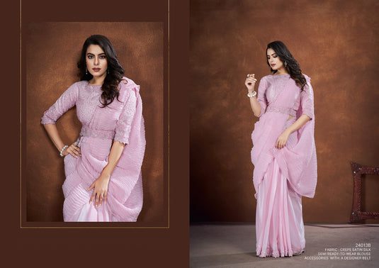 Designer Purple Thread & Sequins Embroidered Crepe Satin Silk Banarasi Crush Silk Festive Wear Saree with Readymade Blouse & Waist Belt