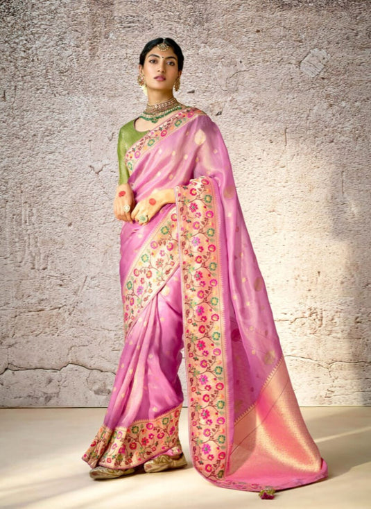 Designer Navy Blue Kora Banarasi Art Silk Festive Wear Saree For Women