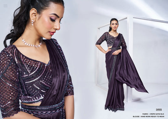 Classic Black Hand Khatli Embroidery Work Two Tone Satin Crepe Silk Festive Saree with Readymade Designer Blouse & Waist Belt