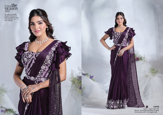 Elegant Black Sequins Embroidered Two Tone Crepe Satin Silk Hand & Mirror Work Festive Saree with Readymade Heavy Blouse