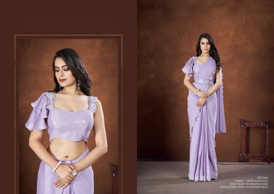Designer Purple Thread & Sequins Embroidered Crepe Satin Silk Banarasi Crush Silk Festive Wear Saree with Readymade Blouse & Waist Belt