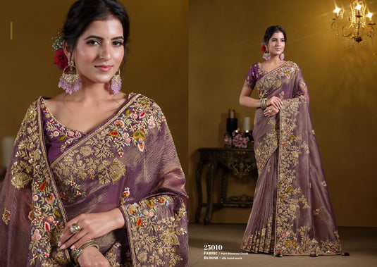 Elegant Purple Georgette Organza Silk Sequins Embroidered Khatli Work Festive Wear Saree