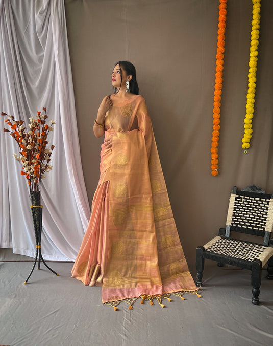 Peach Classic Tissue Silk Zari Weaving With Mango Border Saree