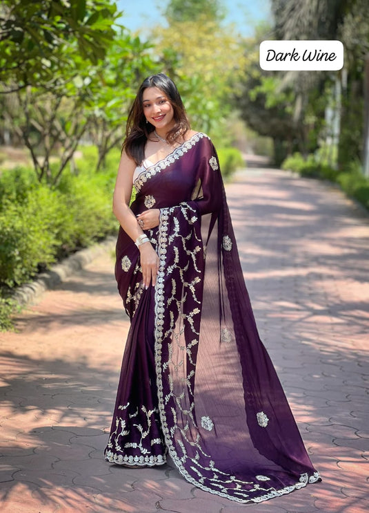 Purple Soft Satin Chiffon Foil Thread Embroidered Work Saree