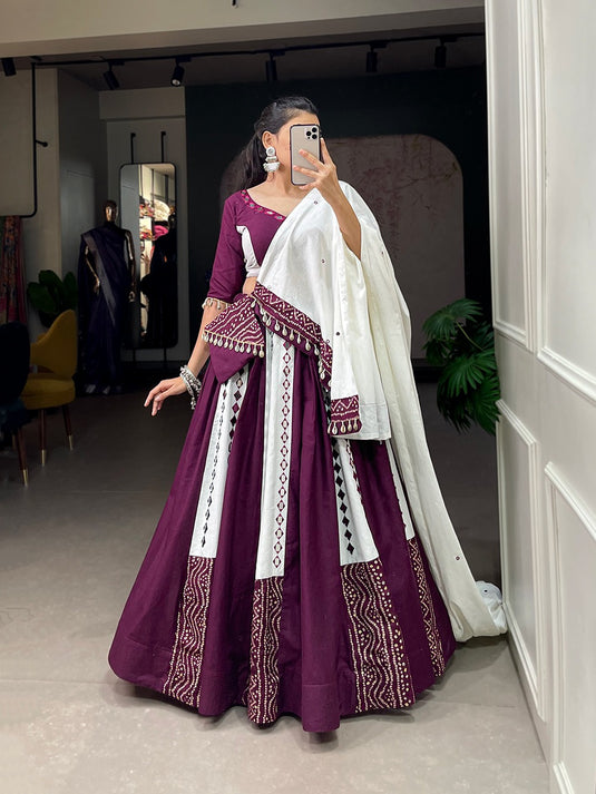 Purple Pure Cotton Mirror Work Fully Stitched Lehenga Choli