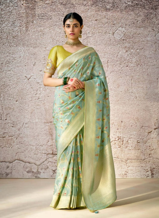 Designer Navy Blue Kora Banarasi Art Silk Festive Wear Saree For Women