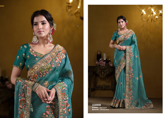 Elegant Purple Georgette Organza Silk Sequins Embroidered Khatli Work Festive Wear Saree