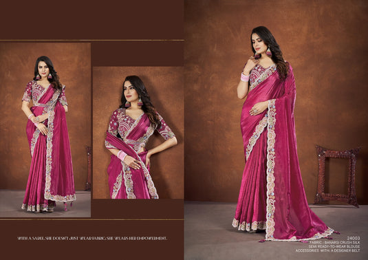 Designer Purple Thread & Sequins Embroidered Crepe Satin Silk Banarasi Crush Silk Festive Wear Saree with Readymade Blouse & Waist Belt