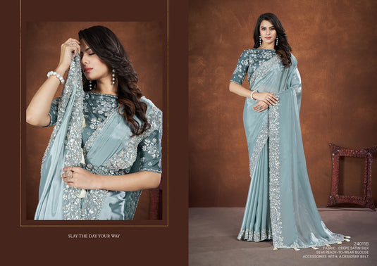 Designer Purple Thread & Sequins Embroidered Crepe Satin Silk Banarasi Crush Silk Festive Wear Saree with Readymade Blouse & Waist Belt