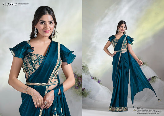Elegant Black Sequins Embroidered Two Tone Crepe Satin Silk Hand & Mirror Work Festive Saree with Readymade Heavy Blouse