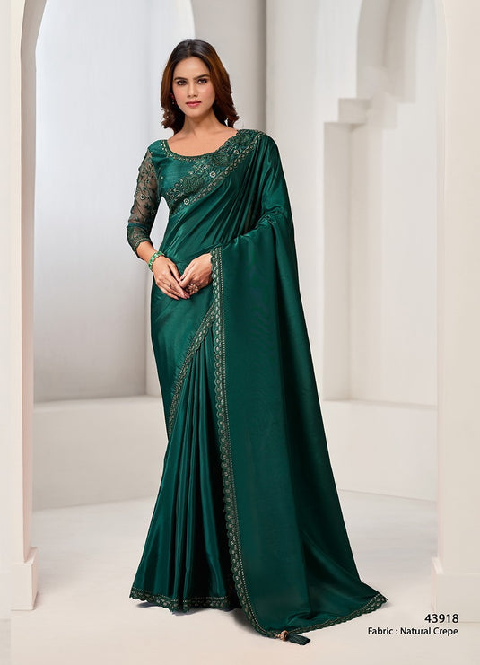 Designer Dark Pink Sequins Hand Embroidered Crepe Satin Silk Georgette Festive Wear Saree