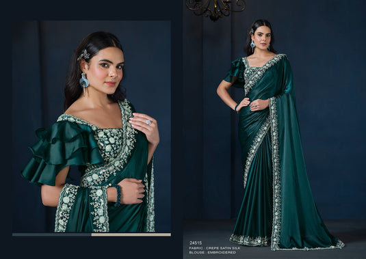 Designer Pink Hand Embroidery Work Crepe Satin Silk Festive Wear Saree For Women