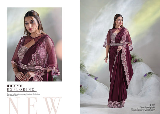 Elegant Black Sequins Embroidered Two Tone Crepe Satin Silk Hand & Mirror Work Festive Saree with Readymade Heavy Blouse
