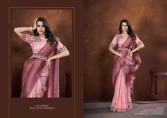 Designer Purple Thread & Sequins Embroidered Crepe Satin Silk Banarasi Crush Silk Festive Wear Saree with Readymade Blouse & Waist Belt