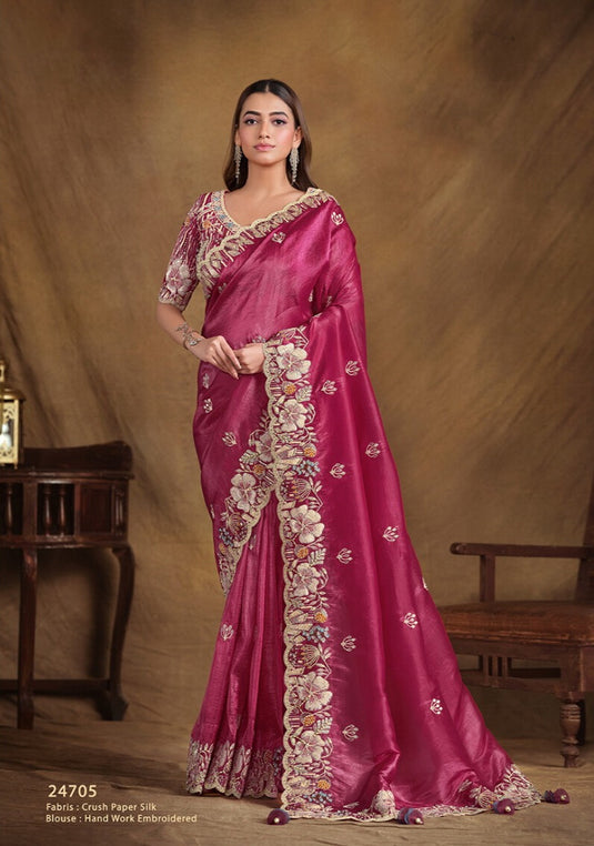 Elegant Blue Hand Embroidery Work Two Tone Satin Organza Silk Festive Saree with Belt