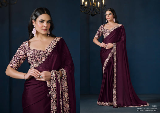 Designer Pink Hand Embroidery Work Crepe Satin Silk Festive Wear Saree For Women