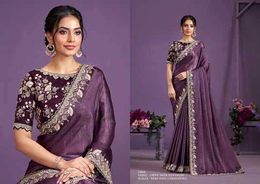 Classic Black Hand Work Two Tone Satin Silk Banarasi Crush Sequins Embroidered Tissue Saree For Women