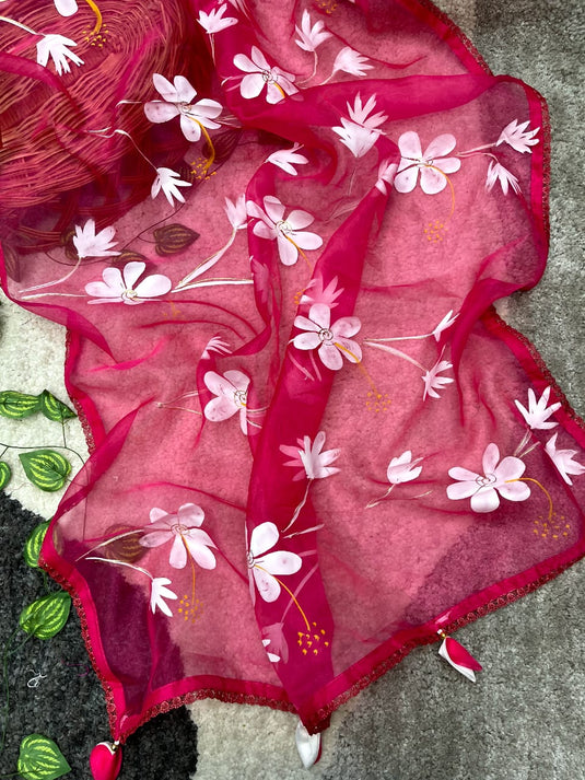 Pink Elegant Pure Organza Silk Handbrush Floral Print Saree