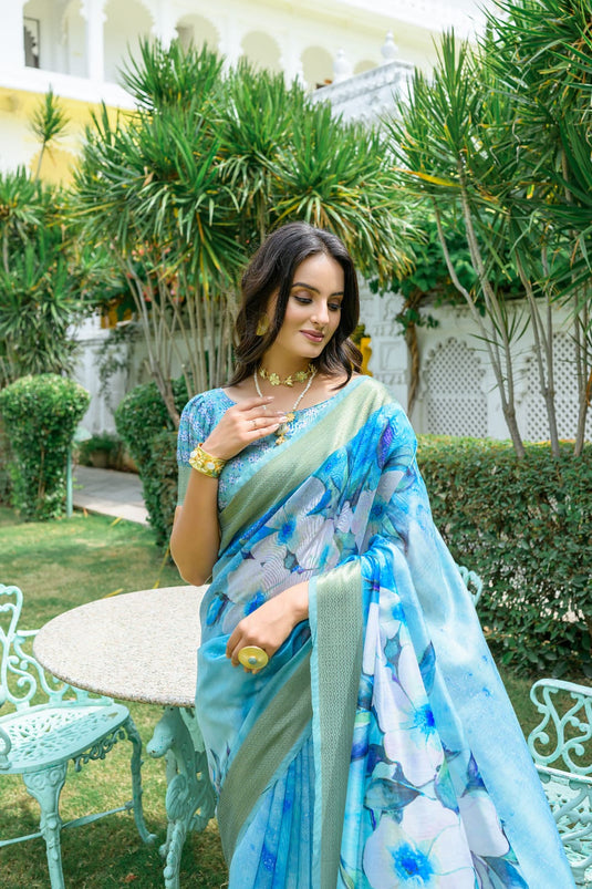 Blue Soft Linen Cotton Digital Printed Summer Saree