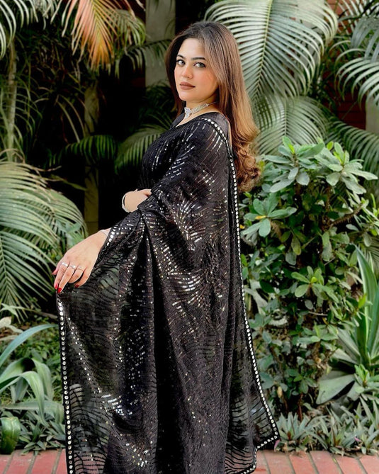 Black Trendy Georgette Sequence Embroidered Cocktail Wear Saree