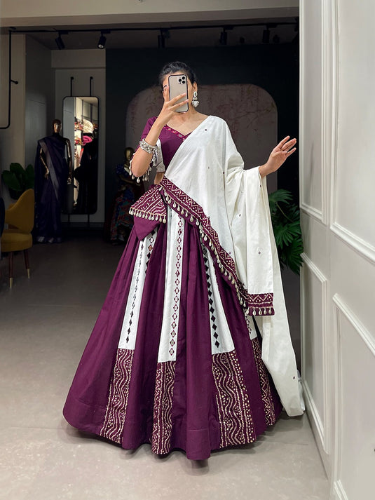 Purple Pure Cotton Mirror Work Fully Stitched Lehenga Choli