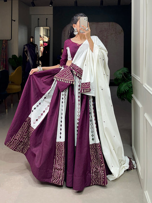 Purple Pure Cotton Mirror Work Fully Stitched Lehenga Choli