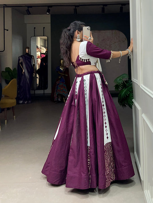 Purple Pure Cotton Mirror Work Fully Stitched Lehenga Choli